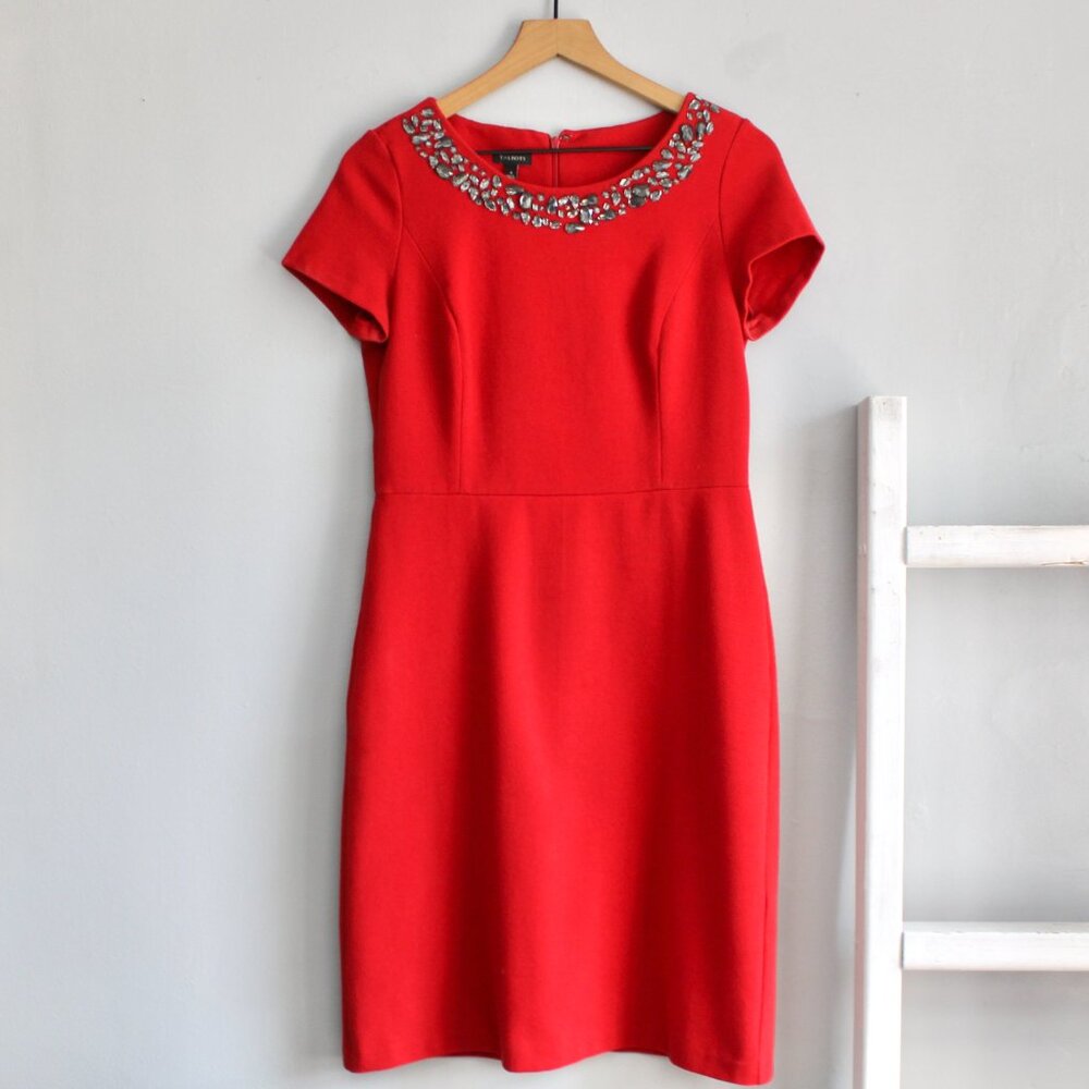 Talbots Red Jewel Embellished Collar Ottoman Ponte Sheath Dress Size 4 / Small